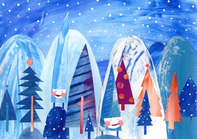 Anne Pikkovi illustratsioon päkapikkude ja jõulukuuskedega