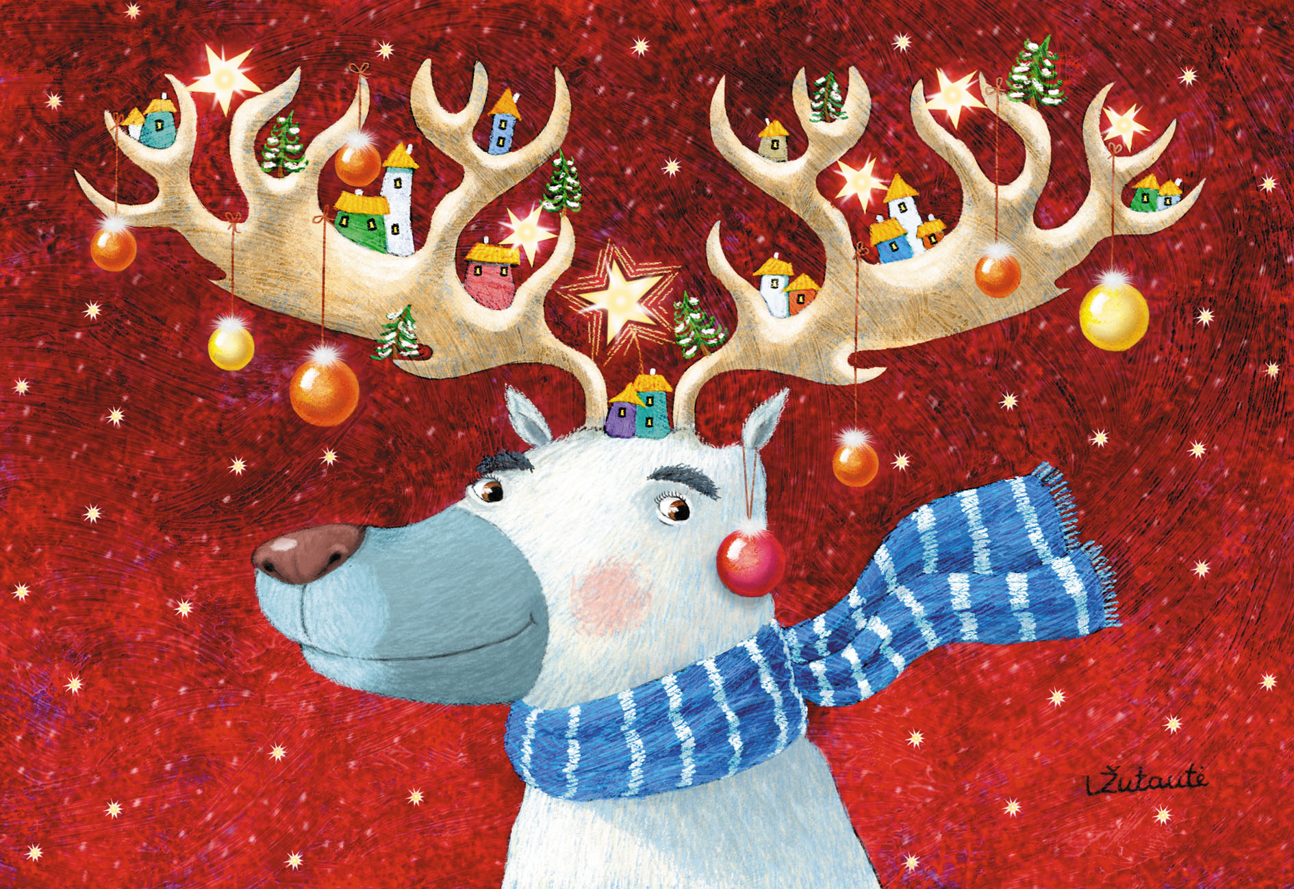 Lina Žutautė illustratsioon põhjapõdrast, kelle sarvedel on jõulukaunistused
